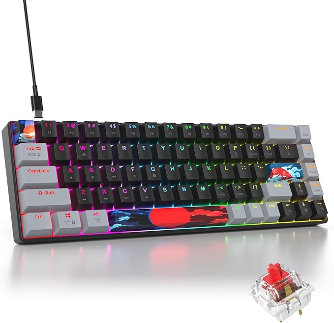 Black and Grey Mechanical Gaming Keyboard 65% 68 Keys Small Wired RGB Keyboard with PBT Keycaps Anti-Ghosting for Game/Office