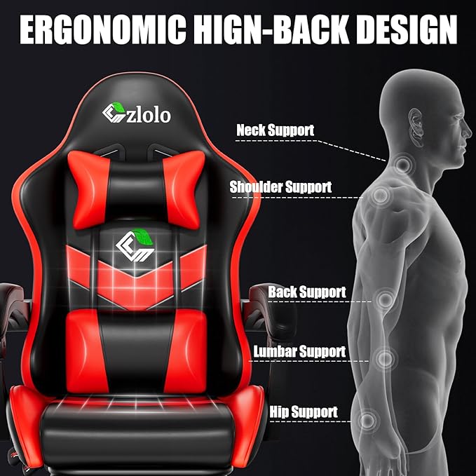 Gaming Chair Ergonomic Office Computer Chair with Footrest and Lumbar Support Massager Racing Style High Back Video Gamer Chair Wide＆Thick Cushion 90°-135° Recline Adjustable Height Red