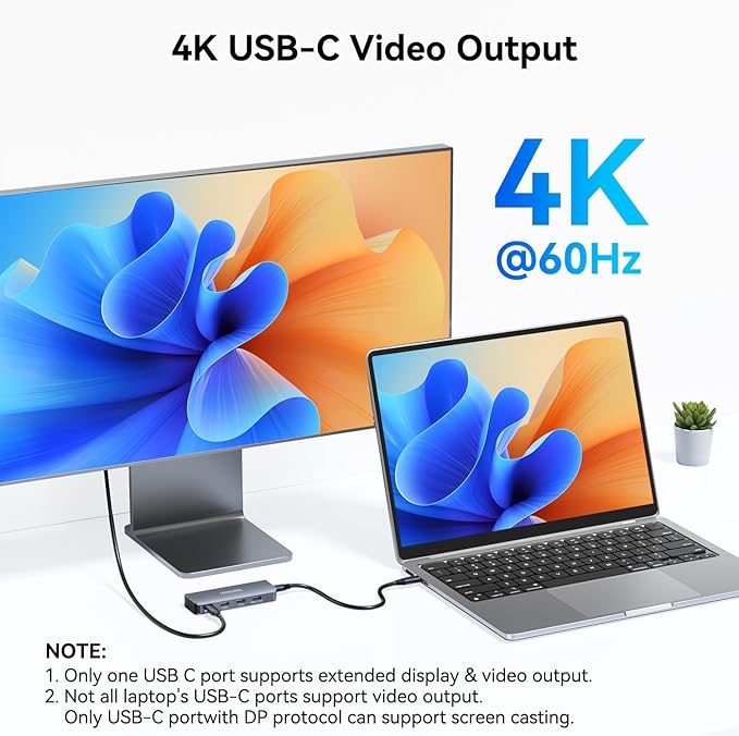 4-Port USB C Hub with 4K@60Hz Displayport 3 USBC 3.2 10Gbps Ports 100W Power Delivery Detachable Cable USB C Splitter Multiport Adapter for MacBook Pro/Air iPad iPhone 15 Portable Monitor