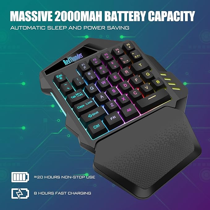 RedThunder Wireless One-Handed Gaming Keyboard 2.4Ghz RGB Backlit Mini Gaming Keypad Rechargeable 2000mAh Battery for PC Gamer