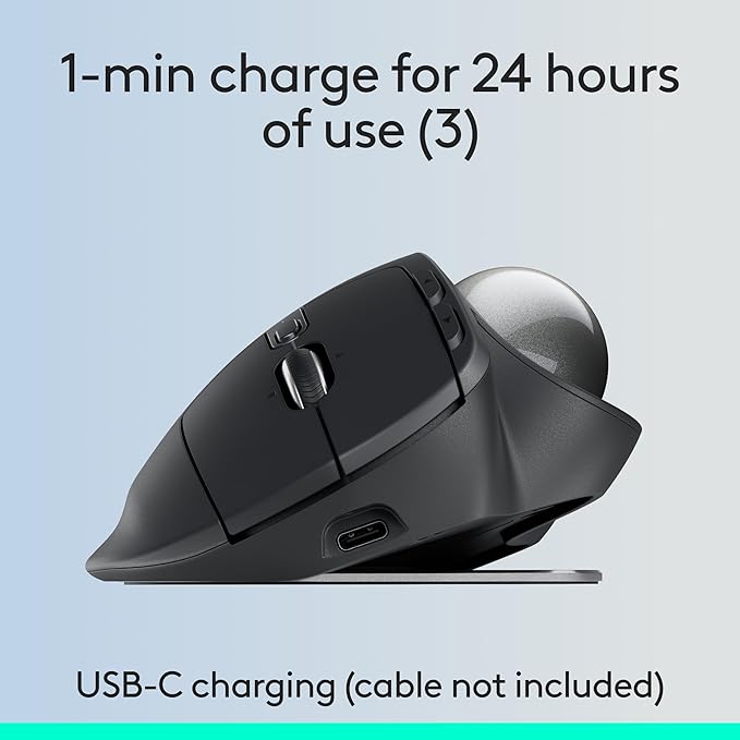 Logitech MX Ergo S Advanced Wireless Trackball Mouse USB-C Rechargeable Wireless Ergonomic Mouse with Bluetooth and Encrypted Dongle 6 Programmable Buttons for PC/Mac