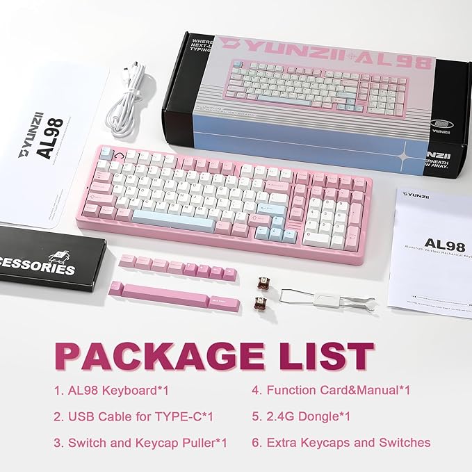 YUNZII AL98 QMK/VIA Wireless Mechanical Gaming KeyboardFull AluminumBT/2.4G/USB-C Pre-Lubed Hot Swappable Gasket Mount 1800 LayoutRGB Backlit for Win/Mac (Pink Cocoa Cream V2 Switch)