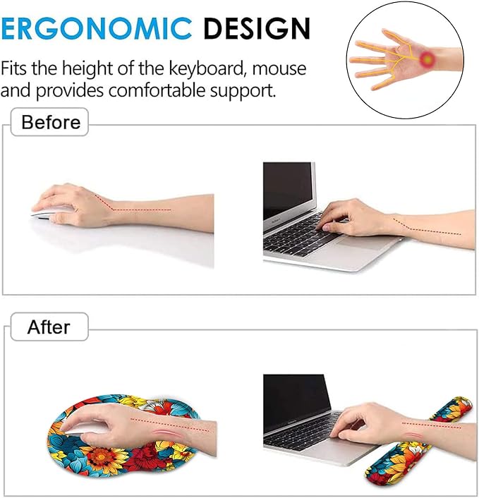 Keyboard Wrist Rest and Mouse Pad Wrist Support Set with CoasterErgonomic Mouse PadComfortable for Easy Typing Pain ReliefMemory Foam Keyboard Pad Set for Laptop MacColorful Petals