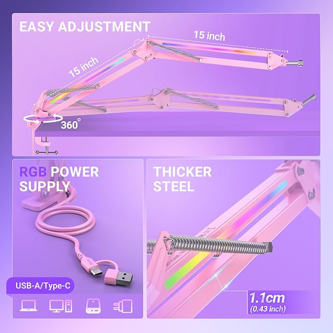FIFINE XLR/USB Dynamic Microphone RGB Mic Arm &amp XLR Cable Bundle Gaming PC Mic with Headphone Jack Adjustable Metal Mic Stand and 5.9ft Cord for Streaming Studio Recording-(AM8P+BM38P+L9CP)