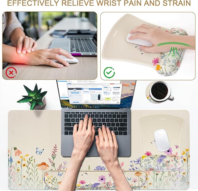 MEGREZ 4-in-1 Ergonomic Memory Foam Wrist Rest Set Desk Pad Mouse Pad with Wrist Rest Keyboard Pad Suitable for Office Workers Programmers &amp Gamers–Relieve Typing &amp Gaming Fatigue Light