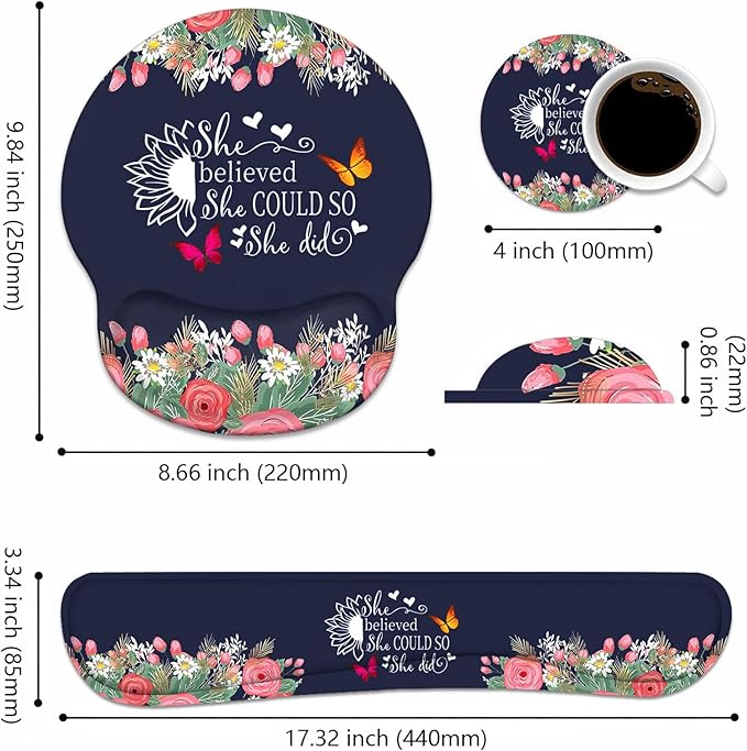 Keyboard Wrist Rest + Mouse Pad Wrist Support Set with Coasters She Believed She Could So She Did Inspirational Quote Design Non-Slip PU Base Ergonomic Mousepad for Home Office Working Studying