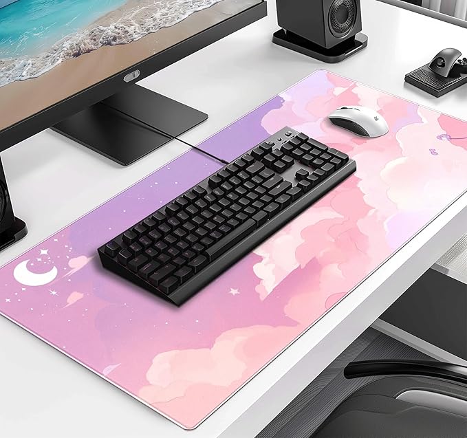 Cute Anime Cloud Desk Mat Beautiful Pink Stitching Edge Non Slip Rubber Mouse Pad Suitable for Female and Girl Office Decoration 35.4 x 15.7 x 0.12 Inches