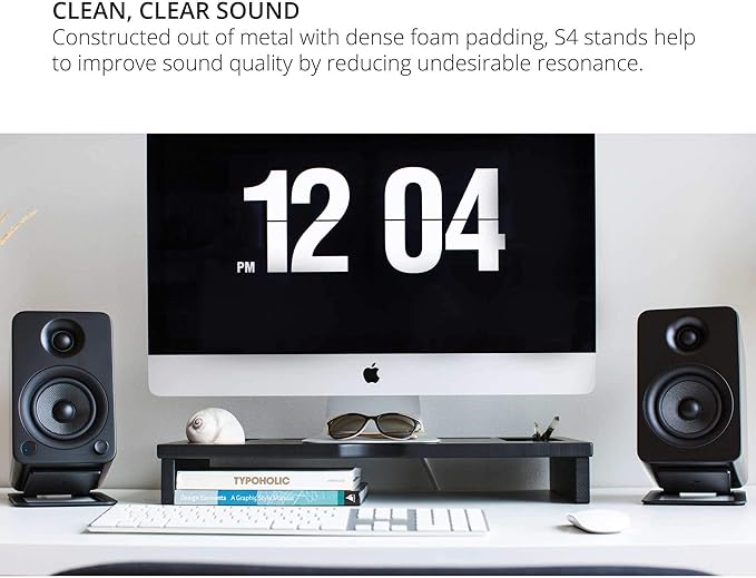 Kanto S4 Tilted Desktop Speaker Stands for Medium Bookshelf Speakers &amp Mid-Size 3”-4” Studio Monitors | Supports 8 lbs | Damping Foam Padding | ¼”-20 Mounting | Pair | Black