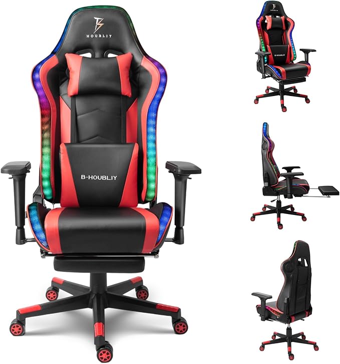 XOOFMASS Gaming Chair with Speakers Video Game Chair with RGB LED Lights Ergonomic Massage Office Chair PU Leather Recliner Computer Chair Swivel E-Sports Racing Chair with 4D ArmrestRed