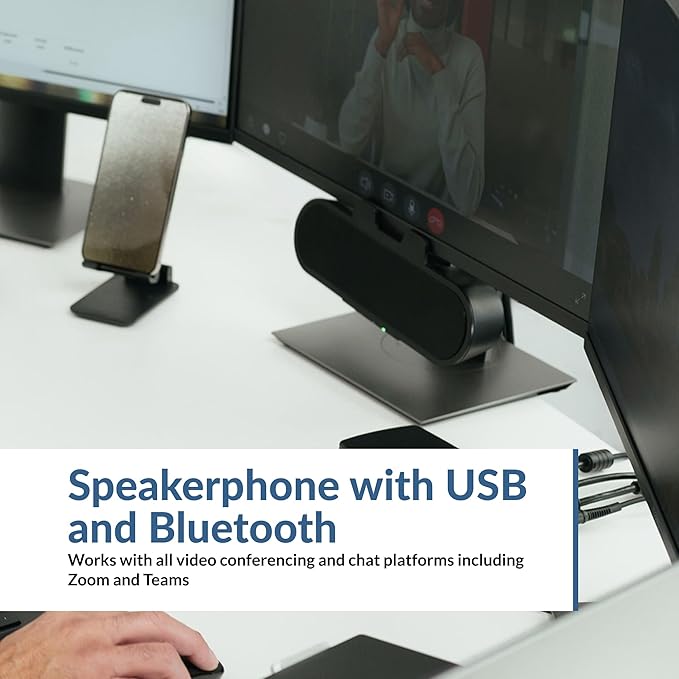 Cyber Acoustics USB &amp Bluetooth Speaker Bar (CA-2890PRO) USB Powered with Speakerphone for PC and Bluetooth for Connection to Smartphones Clamps to Monitors up to 2 Inches Thick 20 Watts