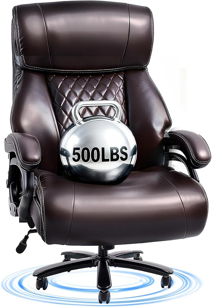 FLEXISPOT 500lbs Big and Tall Office Chair for Heavy People Heavy Duty Computer Chair with Stable Arms Adjustable Lumbar Support Metal Base Desk Chairs for Home Office Gaming Working Leather Brown