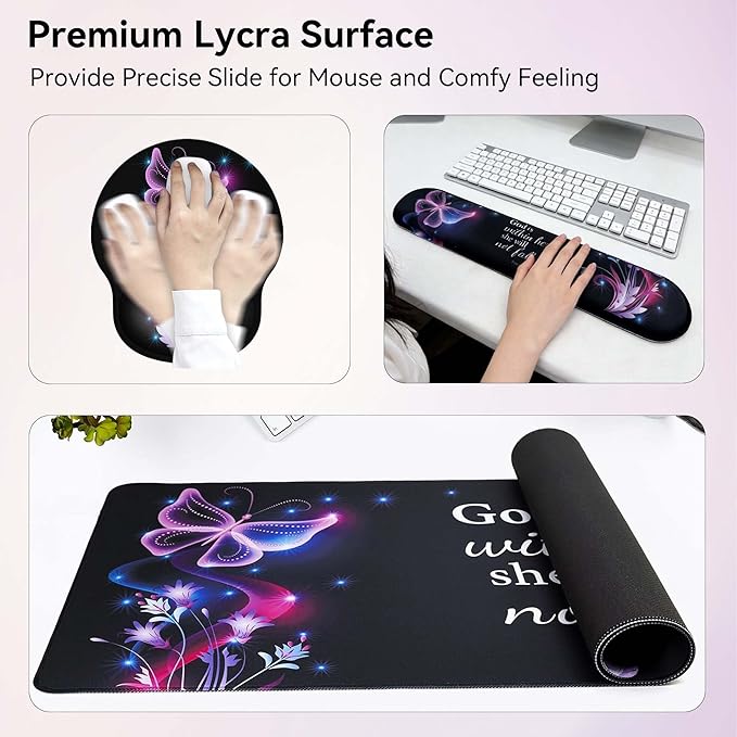 Desk Mat Set + Keyboard and Mouse Pad with Wrist Rest Support4-in-1 Large Mousepad Computer Mats for Desktop Home &amp Office-Purple Butterflies