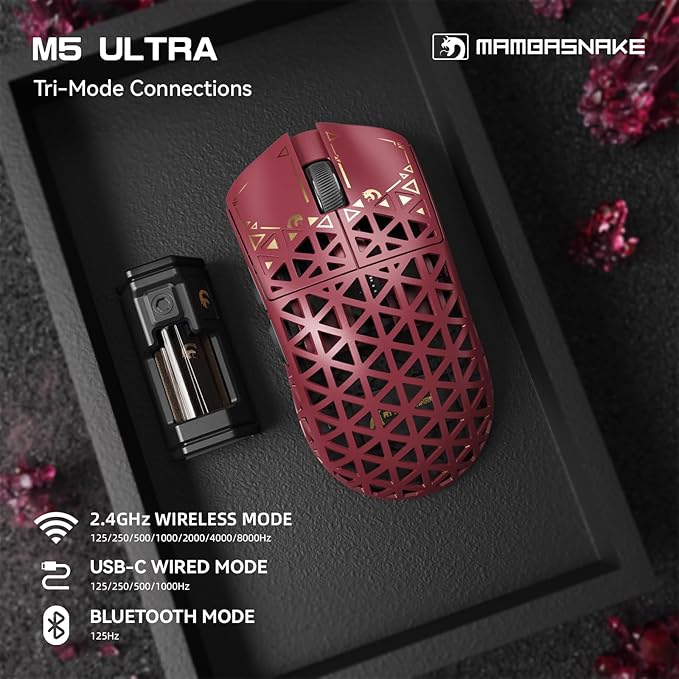 MAMBASNAKE M5 Ultra Carbon Fiber 8000Hz Wireless Gaming Mouse 39g Superlight 42000DPI PAW3950MAX Sensor Nordic 52840 Chip Bluetooth/2.4G/USB-C Wired Mice with Coiled Cable for PC/Mac (Red)