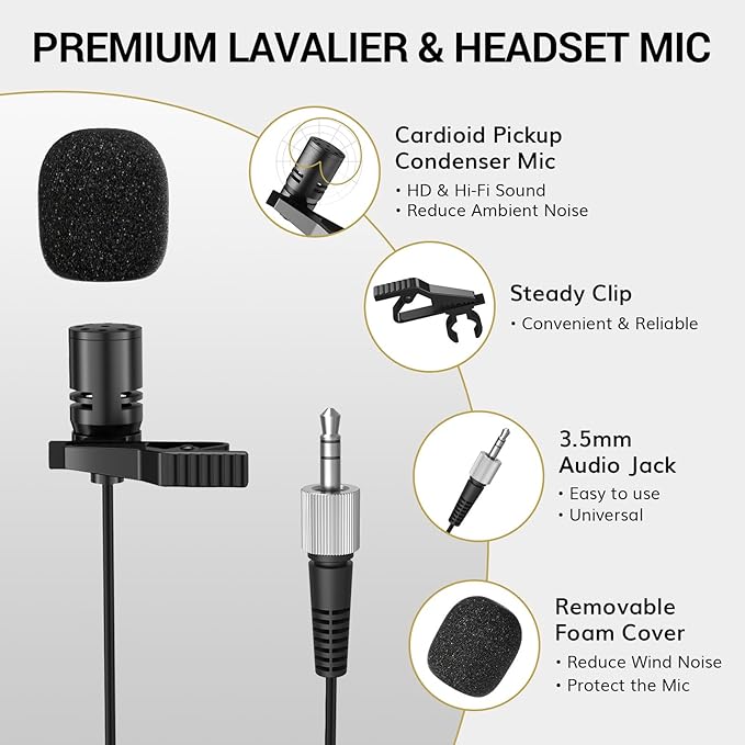 TONOR Wireless Microphones System with 8x12 Channels Headset/Lavalier Lapel Mics Bodypack Transmitter Receiver 90 m/295ft UHF Range for Church Conference Performance Singing Karaoke PA Speaker