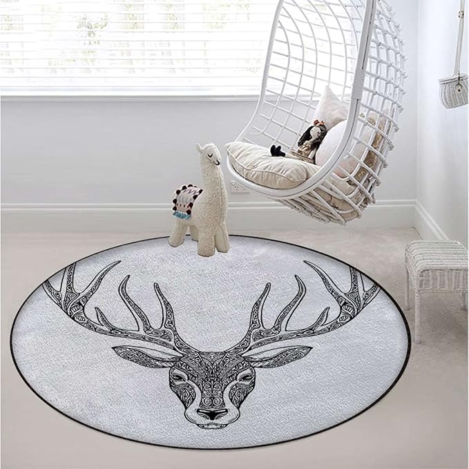 Antler Gaming Chair Mat Round Floor Mats for Office Chair Computer Gaming Desk Mat for Rolling Chair Non-Slip Gaming Rug Artistic Abstract Deer SkullWhite and Black Diameter 47.2 in