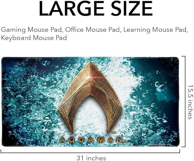 Justice League Movie Aquaman Logo Large Gaming Mouse Pad Desk Mat with Stitched Edges Non-Slip Base for Gamer Home and Office 31.5 x 15.7