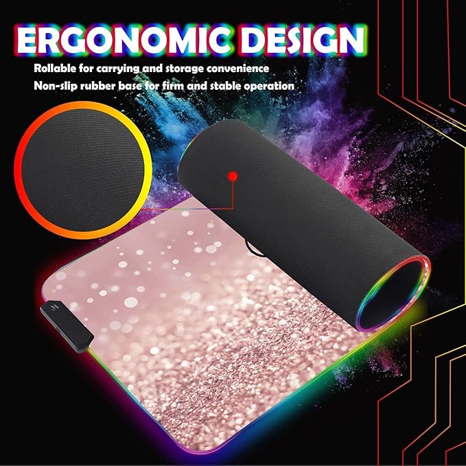 Customized RGB Gaming Mouse Pad and Coffee CoasterLarge Glowing Led Anti-Slip Rubber Base Computer Keyboard Desk Mouse Mat 31.4x11.8 InchRose Gold Glitter Quote Bible Verse Psalm 46-5