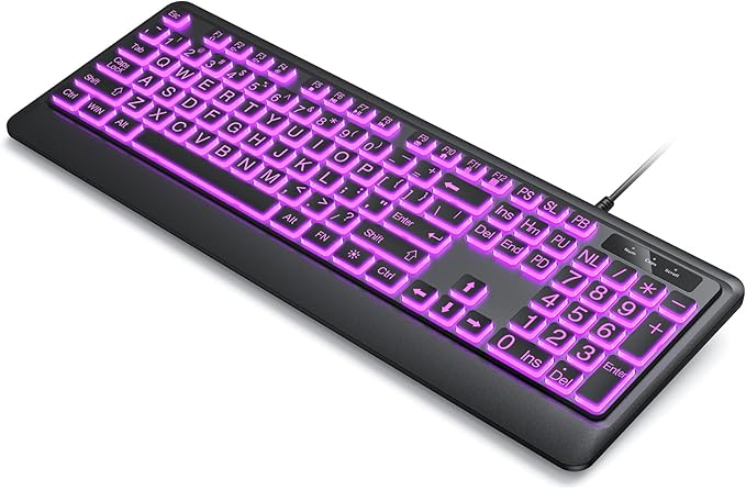 Large Print Backlit Computer Keyboards 7 Colors Backlight USB Keyboard Plug-and-Play Foldable Stands Corded Full Size Keyboard for Windows PC Laptop (Black Large)