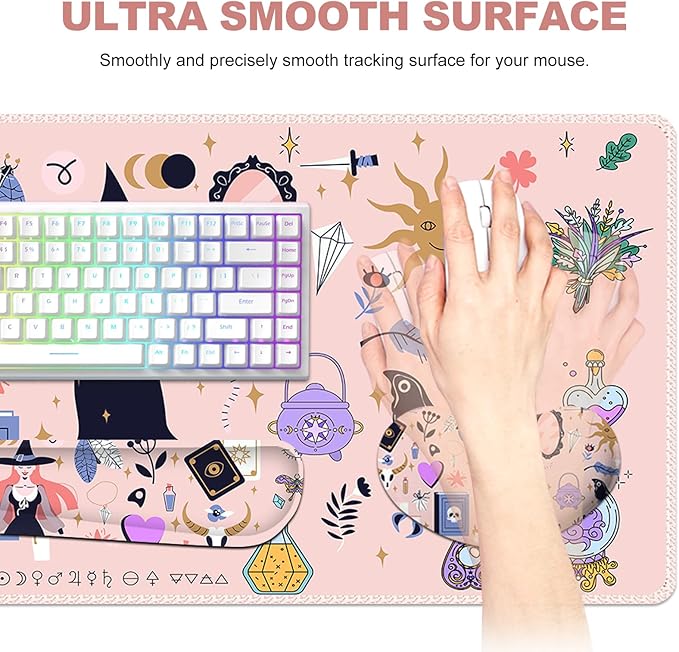 Pink Keyboard Mouse Pad Set Large Gaming Deskpad Rectangle +Keyboard Wrist Rest +Mouse Wrist Support +Coaster Ergonomic Memory Foam Mousepad Combo Witch Mirror