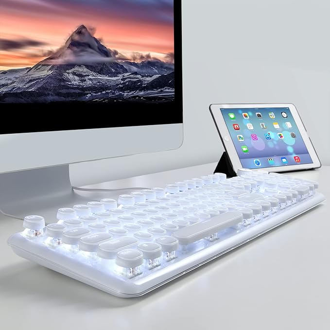 Gaming Keyboard with Retro Punk Typewriter Style. Blue Switch Stylish White Backlight and White Mechanical Keyboard Wired USB-A. for Game and Work.