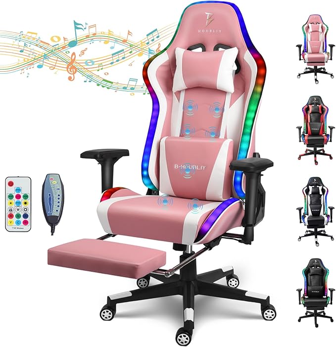 XOOFMASS Gaming Computer Chair Ergonomic Massage Office Chair Desk Chair with Speakers &amp RGB LED Lights High Back PU Leather 180° Racing Chair with Footrest Game Chair for AdultPink