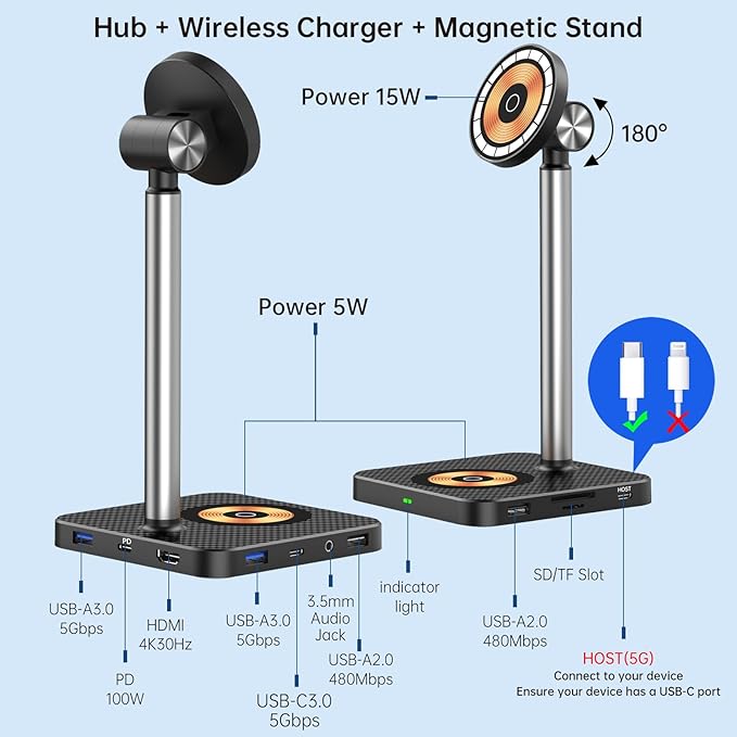 Laptop Docking Station 10-in-1 with Wireless Charger Phone Stand USB-C Hub for MacBook/Dell/HP Laptops(with USB-C Port 3.0 or higher) Cordless Charging Stand for iPhone 12/13/14/15/16 Series/AirPods