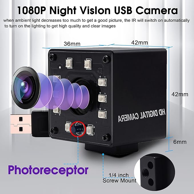 SVPRO 1080P Night Vision USB Camera CMOS OV2710 IR LED Infrared Webcam with IR Cut HD Surceillance Camera 3.6mm Lens Mini Cam with Metal Casing for Android Windows Linux Mac Raspberry