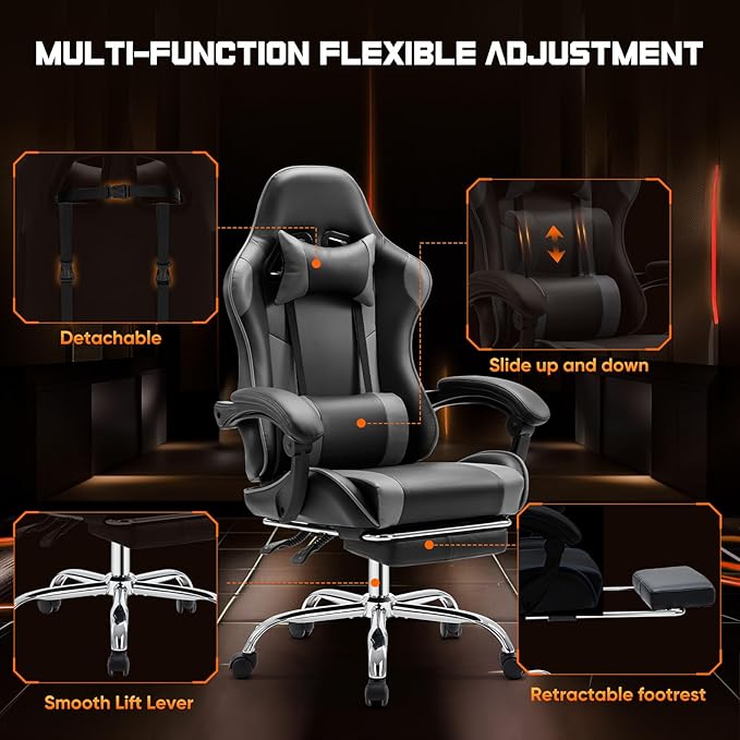 Video Game Desk Chair Ergonomic Computer with Footrest and Comfy Lumbar Support PU Leather Recliner with Headrest Fixed Up Armrest Height Adjustable with 360° Swivel for Adults Gray