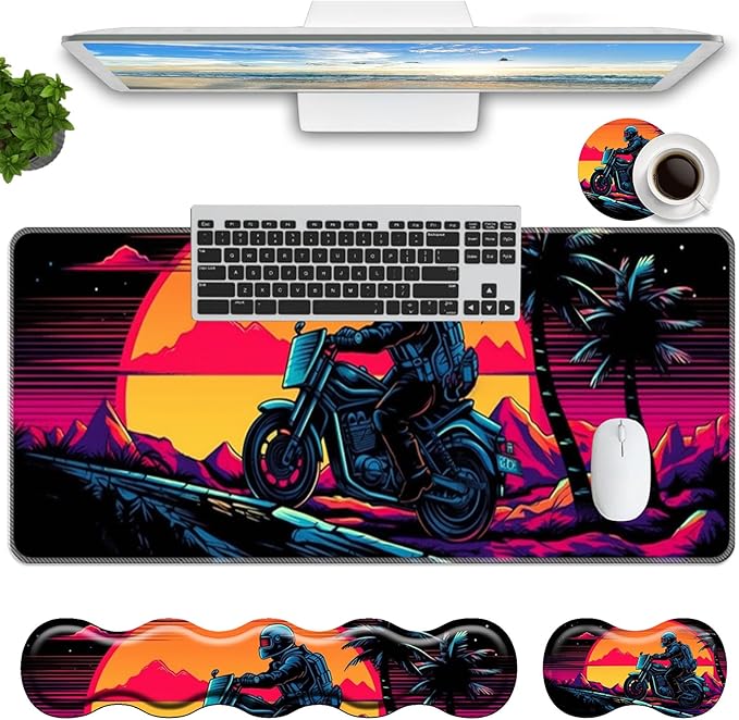 Keyboard Mouse Pad SetLarge Mouse Pad+Keyboard Wrist Rest+Wrist Support+Coaster31.5x11.8in Extended Desk Mat for Computer Laptop Office Home-Vintage Motorcycle Boy