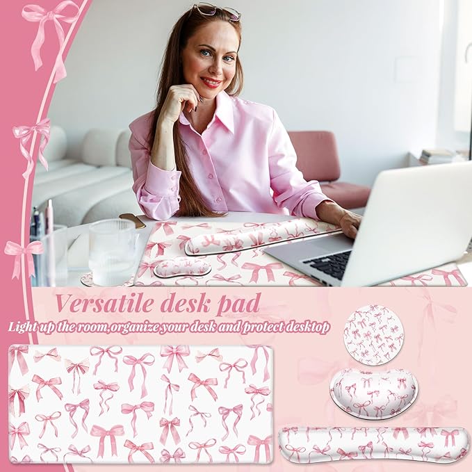 4 Pcs Pink Bow Keyboard Mat and Mouse Pad Set Coquette Desk Mat Bowknot Mouse Pad with Wrist Rest Cute Keyboard Wrist Rest Preppy Cup Coasters Pink Ergonomic Design for Office Table Computer
