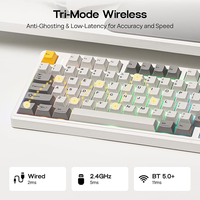 EPOMAKER TH80 V2 75% Wireless Mechanical Keyboard with Metal Knob 8000mAh 2.4Ghz/BT/USB-C RGB Hot Swap Custom Driver PBT Keycap Wireless Gaming Keyboard for PC/Mac (White Sea Salt Silent)
