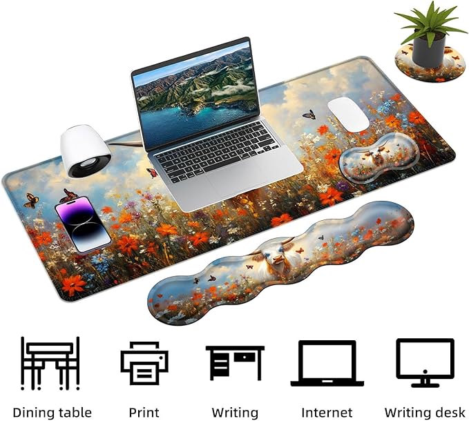 Keyboard Mouse Pad Set Extended Gaming Mouse Pad+Ergonomics Keyboard Wrist Rest Support Memory Foam Easy Typing Pain Relief 4Pcs XL Ultra Thick Desk MatCow Wildflower Butterflies