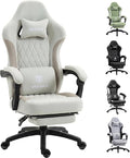 Gaming Chair Fabric with Pocket Spring Custion Ergonomic High Back Video Game Chair with Footrest Massage Lumbar Support Height Adjustable Comfy Computer Chair for Adults Game Beige White
