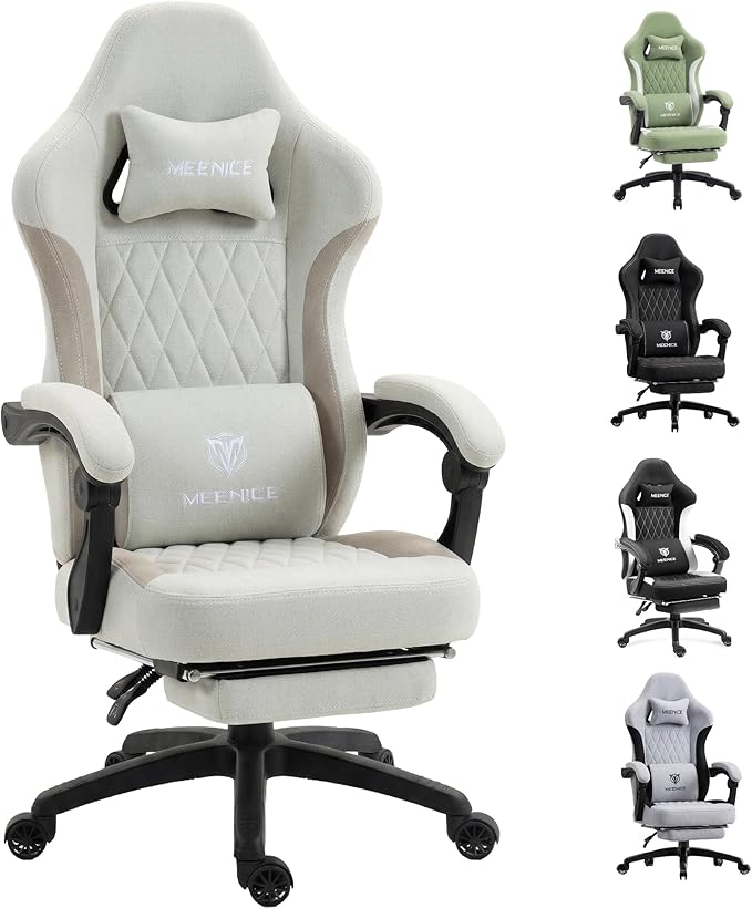 Gaming Chair Fabric with Pocket Spring Custion Ergonomic High Back Video Game Chair with Footrest Massage Lumbar Support Height Adjustable Comfy Computer Chair for Adults Game Beige White