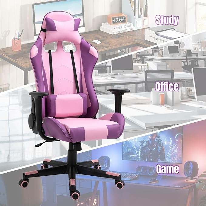 DIKEP Reclining Gaming Chair High-Back Recliner Chair with Headrest and Lumbar Support PU Leather Racing Gaming Chair with Height Adjustable and Headrest 360° Swivel Seat for Adults - Purple &amp P