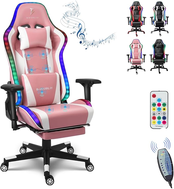 Gaming Chair High-Back Big and Tall Game Chair with Speakers and LED Lights Ergonomic Gamer Chair with 7-Point Massage Function for Adults Office Chair Recliner Chair with FootrestPink