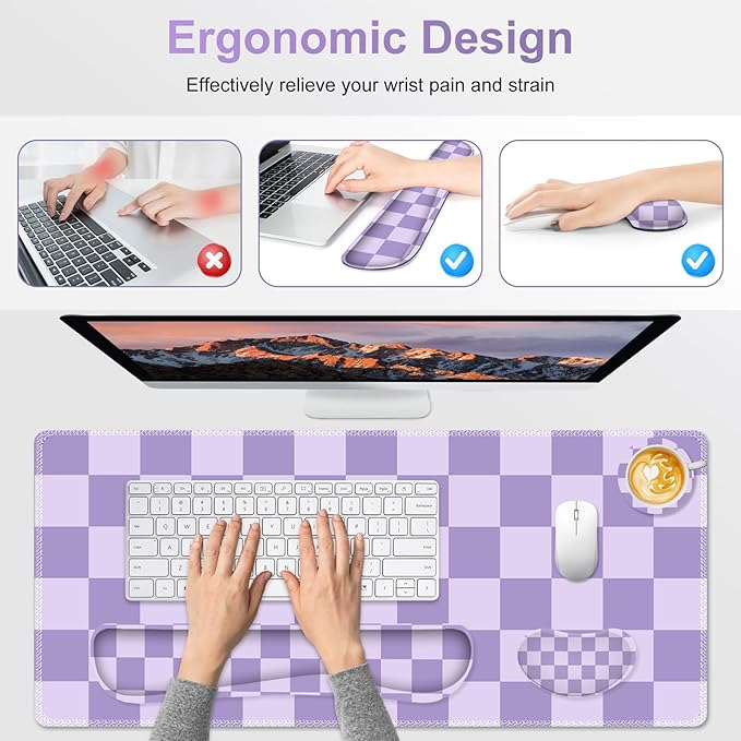 Large Gaming Mouse Pad Set 4 in1 Ergonomics Keyboard Desk Mat with Memory Foam Wrist Rest Extended Game Mousepad Non-Slip Desk Pad Matt Easy Typing Pain Relief I Light Purple Checkered