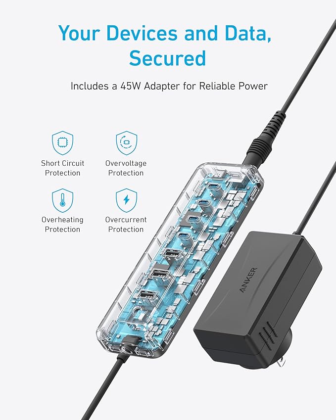 Anker USB C Hub 8-in-1 5Gbps Data Hub USB Splitter with 3 USBA and 4 USBC Ports 100W PD-in 2-in-1 USB-Connector for Laptop MacBook iPad and More (45W Adapter Included)