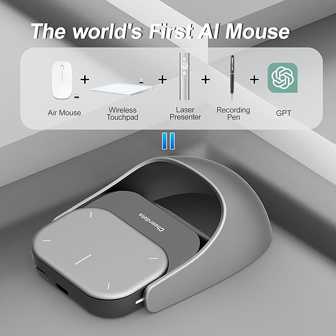 2025 Wireless AI Mouse - Bluetooth ChatGPT Air Mouse with Voice Recording &amp Summarize by AI Detachable Presenter Presentation Pointers Remote with Laser Compatible with PC/Mac/Laptop Silver