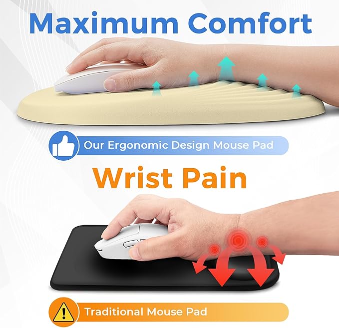 Ergonomic Mouse Pad with Wrist Support Memory Foam Wrist Rest for Pain Relief &amp Carpal Tunnel Non-Slip Base for Office Computer PC Laptop (12x8x1.2inch Light Yellow)