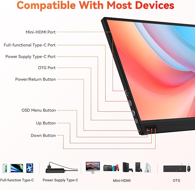 HotYeah Portable Laptop Monitor 15.6-in 1080P FHD Travel Monitor USB-C HDMI External Computer Screen FreeSync IPS w/Kickstand Extra External Display for Laptop PC Mac Phone Tablet Switch Xbox PS5