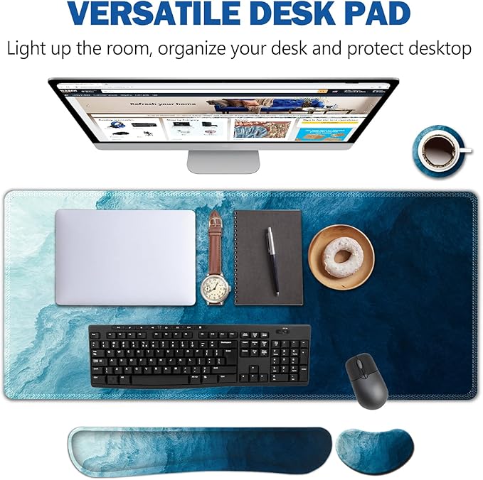 AIMSA Large Gaming Mouse Pad Set Keyboard Wrist Rest Support + Extended Mouse Pad + Mouse Wrist Cushion + Coaster Ergonomic Memory Foam Multifunctional Desk Mat 35x15.7inch (Dark Blue Waves)