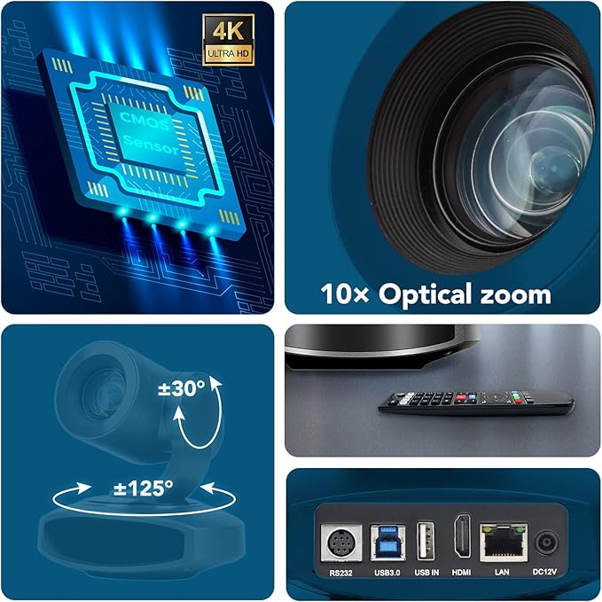 RGBlink 4K PTZ Camera HDMI AI Auto-Tracking 10X Optical Zoom USB3.0 LAN HDMI PTZ Camera for Church Worship Education Conference Events RGB10X-UUAI-BK（Real 4K Output