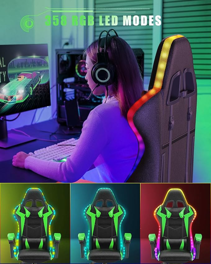 Gaming Chair with RGB LED Lights Ergonomic Computer Chair with Headrest and Lumbar Support PU Leather High Back Height Adjustable Swivel Video Game Chairs for Adults(Green)