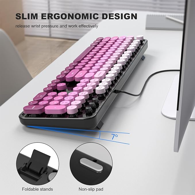 Computer Keyboard Wired Plug and Play USB Retro Round Typewriter Keyboard Full Size Wired Keyboard with Foldable Stands for Laptop and Office PC- Black Pink Gradient