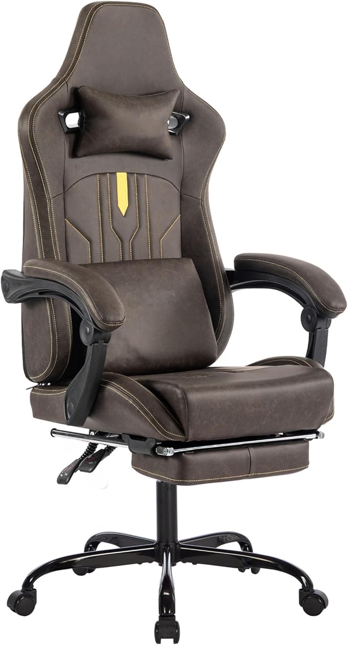 Brown Gaming Chairs with Footrest PVC Leather Video Game Chair for Adults Ergonomic Gaming Chair with Headrest &amp Lumbar Support Reclining Gamer Chairs with Adjustable Backrest (Brown)