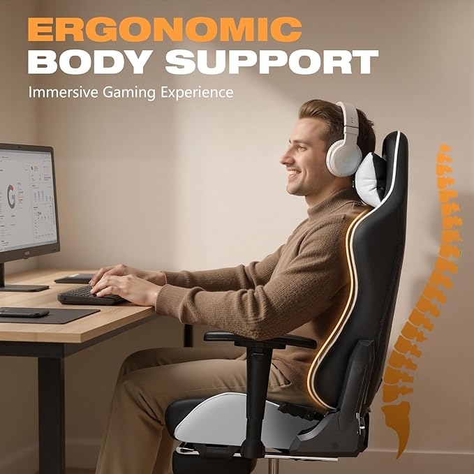 Gaming Chair with Footrest Ergonomic High-Back PU Leather Computer Chair with 3D Adjustable Armrests Headrest and Lumbar Support Office Desk Chair with Diamond Stitching for Adults &amp Teen