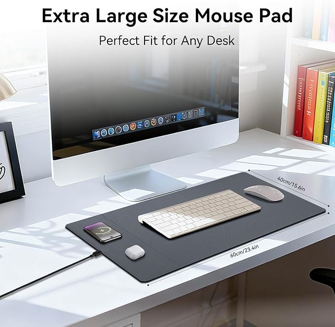 Wireless Charging Mouse Pad 15W Fast Charge Magnetic Charger Desk Pad Large Office Desk Mat (23.4x15.6) with Ultra-Smooth Surface Gray Computer Mousepad for MacBook PC Laptop