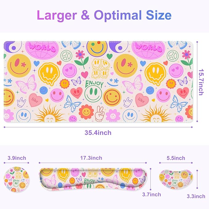 Large Gaming Mouse Pad Set 4 in 1 Extended Keyboard Desk Mat with Wrist Rest PC Computer Game Mousepad Set Non-Slip Desk Pad Protector Easy Typing Pain Relief for Home Office I Hippie Smile