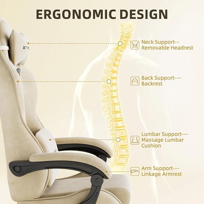 Ferghana Velvet Fabric Gaming Chair Ergonomic Gamer Chair for Adult Comfortable Video Game Chair with Footrest and Massage Lumbar Cushion Racing Reclining Office Home Computer Desk Chair Beige
